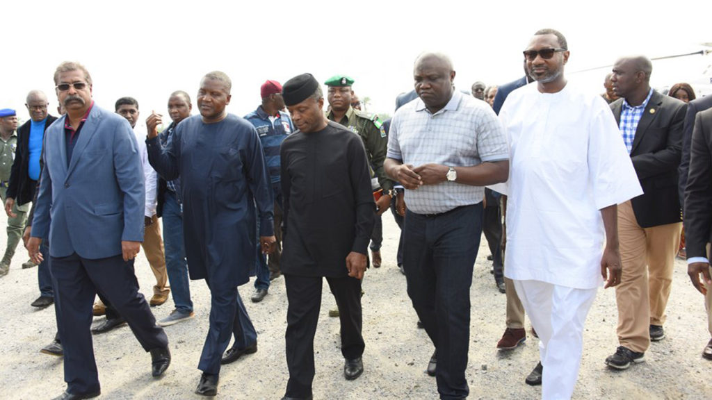 R-L: Chairman, Forte Oil Plc., Mr. Femi Otedola, Lagos State Governor, Akinwunmi Ambode; Vice President, Prof. Yemi Osinbajo; President, Dangote Group, Alhaji Aliko Dangote and Group Executive Director, Dangote Projects, Mr. Devarcoma Edwin during a visit to Dangote's Lekki refinery