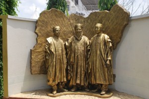 This statue represents images of Chief Obafemi Awolowo, Sir Ahmadu Bello and Dr.Nnamdi Azikwe. They are foremost nationalists that fought for the independence of Nigeria. This commemorative statue is located at the beautiful Freedom park, broad street, Lagos, Nigeria. 