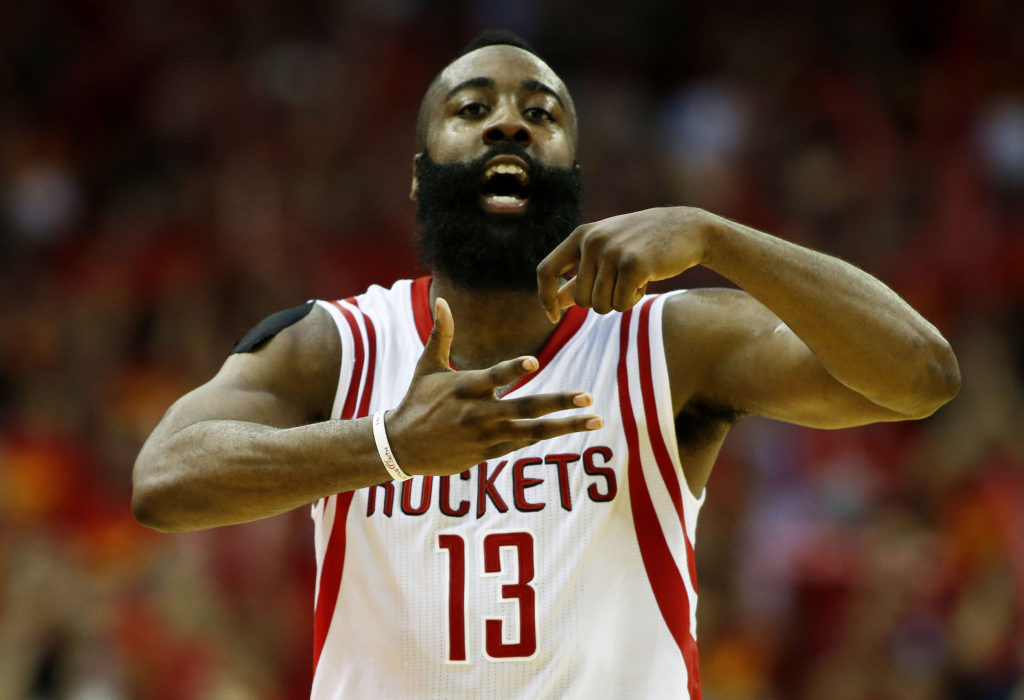 James Harden #13 of the Houston Rockets celebrates in the fourth quarter against the Los Angeles Clippers during Game Seven of the Western Conference Semifinals at the Toyota Center for the 2015 NBA Playoffs on May 17, 2015 in Houston, Texas. (Photo by Scott Halleran/Getty Images)